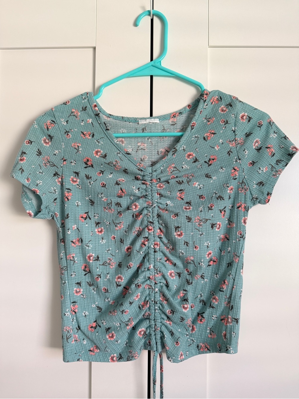Floral Ruched V-Neck Short Sleeve Top - Aqua Green